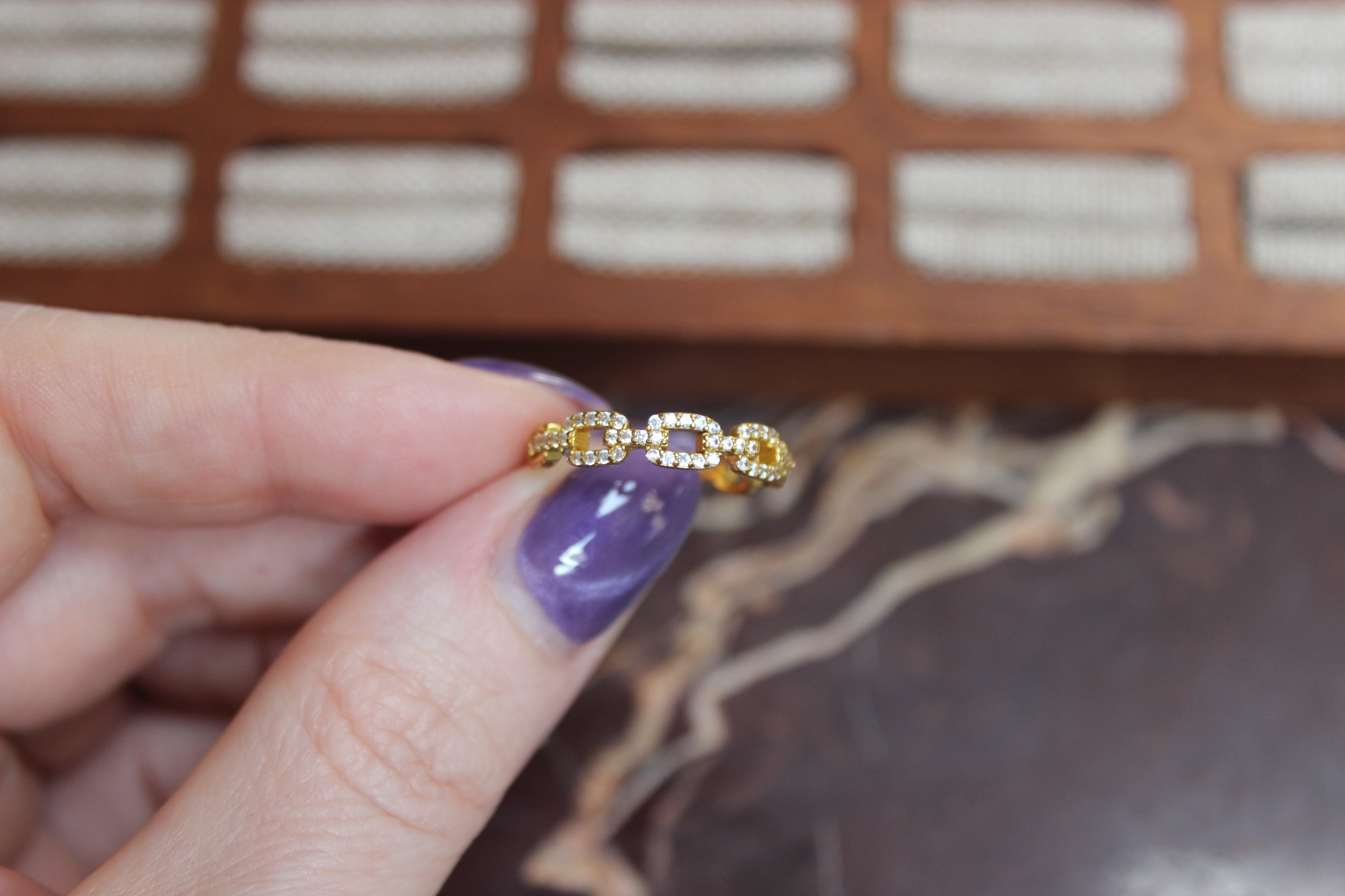 Adjustable Gold Link Ring with Crystals