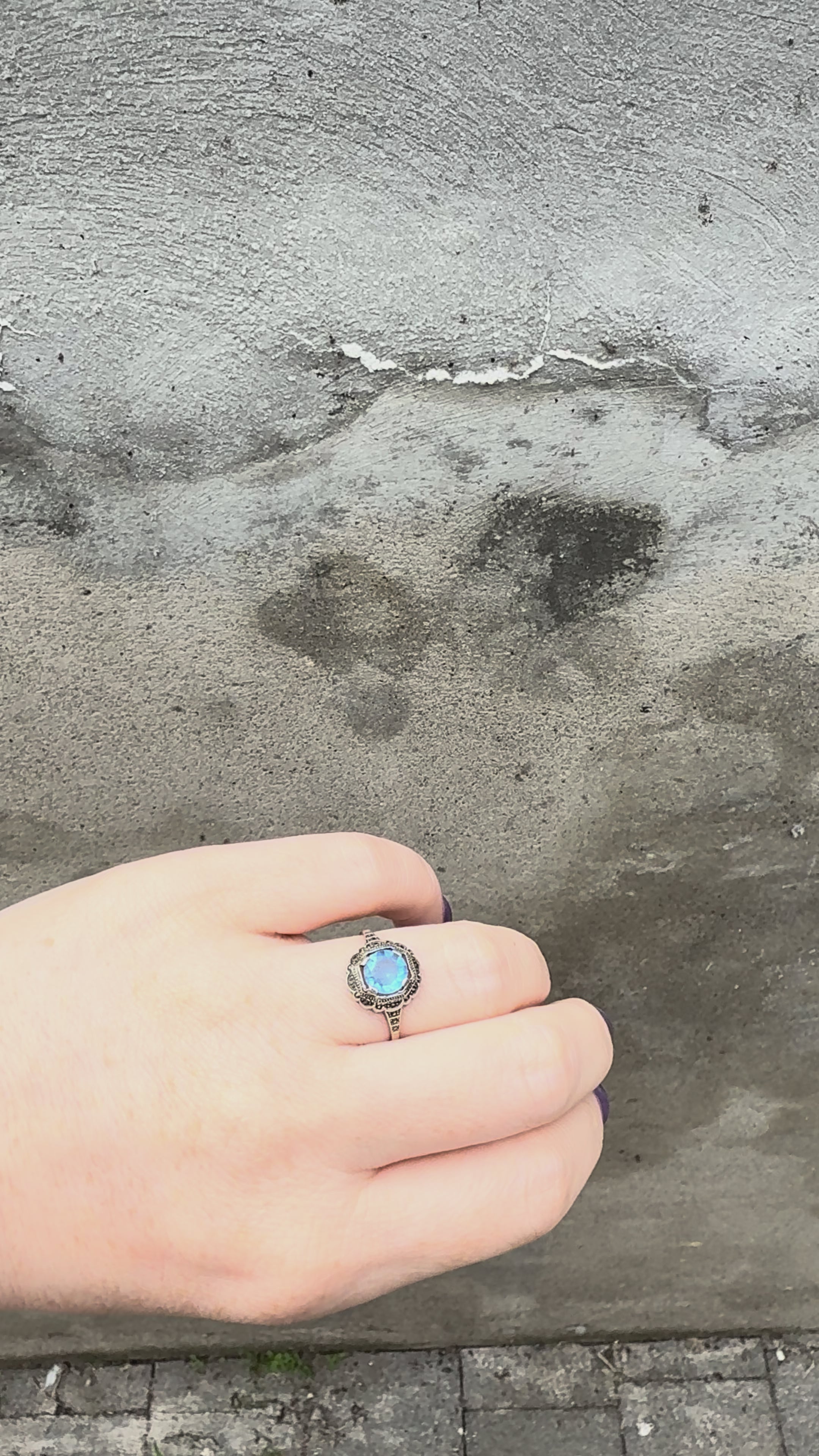 Vintage Sterling Silver Marcasite Ring with Blue Stone