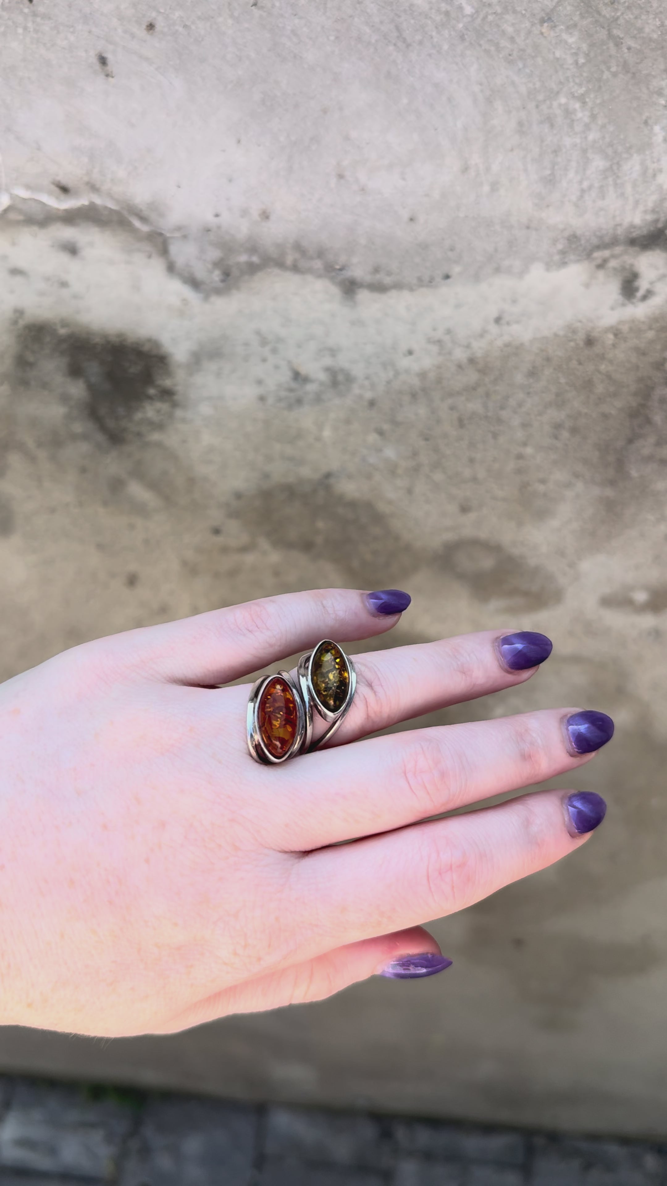 Silver Statement Two-Tone Amber Ring