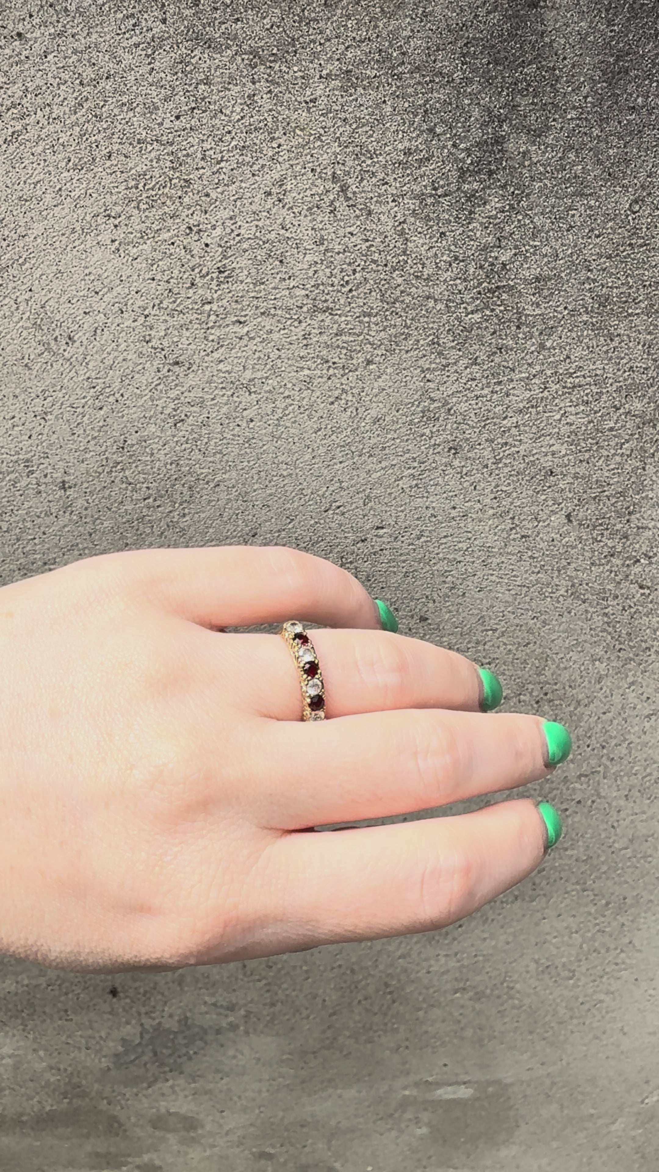 Vintage 9ct Gold Garnet & Clear Stone Half Eternity Ring | Birmingham Hallmarked 1975